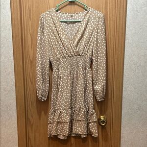 Beige Printed Long-Sleeve Smocked Waist Dress